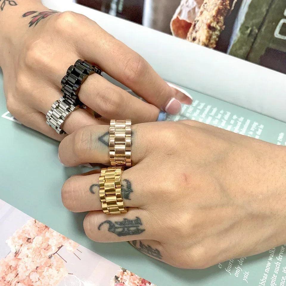 Luxury never fade 18k gold plated bold wide thick ring for women chunky link chain stainless steel strap finger rings