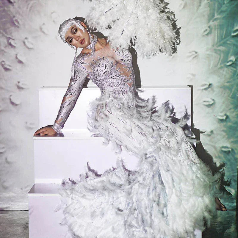 Rhinestone Pink White Feather Dress For Women