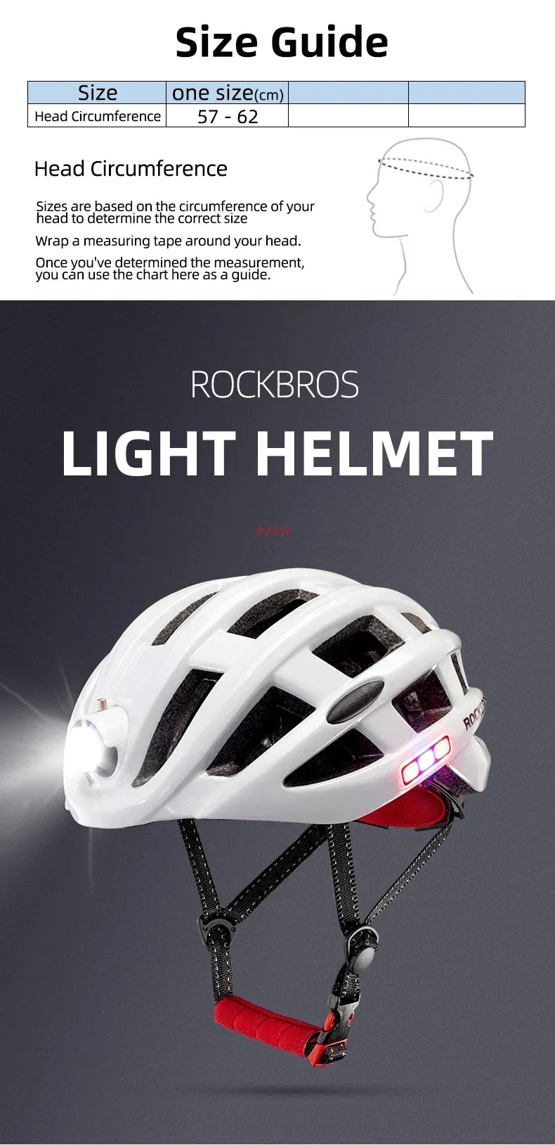 ROCKBROS Bicycle Helmets Ultralight Cycling Helmet Mountain Road Bike Helmet With Glowing Headlight Warning Light Safety Cap