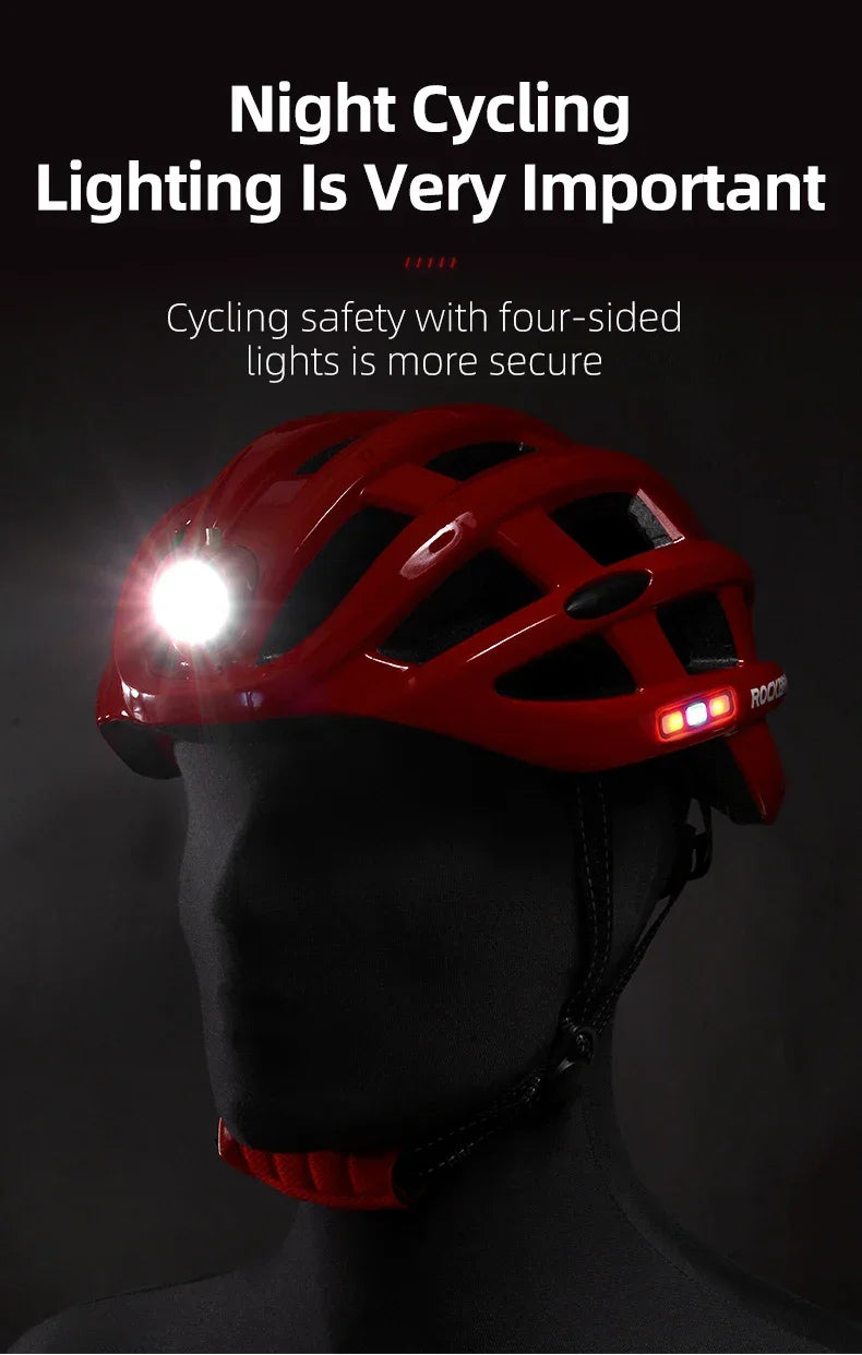 ROCKBROS Bicycle Helmets Ultralight Cycling Helmet Mountain Road Bike Helmet With Glowing Headlight Warning Light Safety Cap