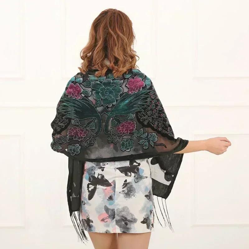 Fashion black peacock velvet scarf women shawl ponchos bandanas