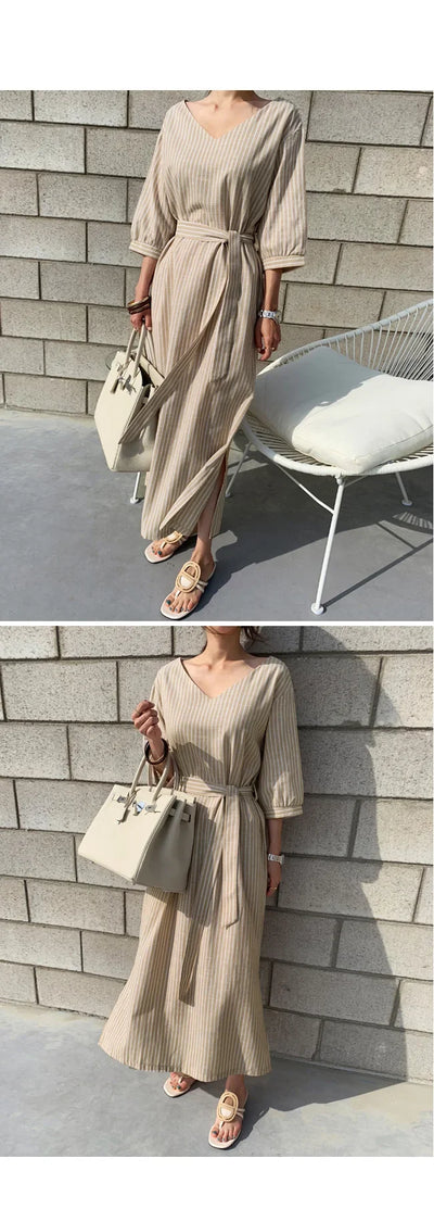 2021 Summer Striped Cotton Linen Long Dress Women Fashion Loose Vestidos Vintage V-neck Half Sleeve Dress for Women Loose