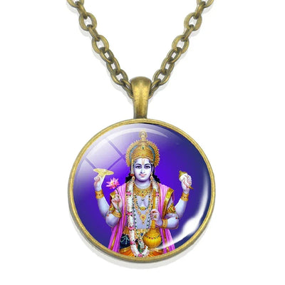 Lakshmi Goddess Pattern Bronze Retro Pendant Necklace Hinduism God Ganesh Glass Cabochon Jewelry Necklace Amulet Gift