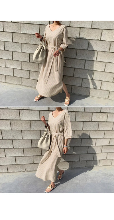 2021 Summer Striped Cotton Linen Long Dress Women Fashion Loose Vestidos Vintage V-neck Half Sleeve Dress for Women Loose