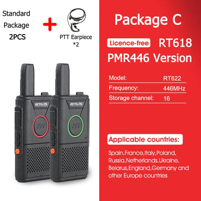 RETEVIS RT618 Mini Walkie Talkie Dual PTT Walkie-talkies 2 pcs PMR 446 Communication Equipment Portable Two-way Radio Cafe Hotel