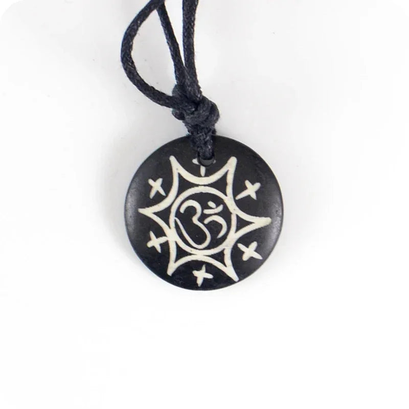 AUM OM Ohm Hindu Buddhist Hinduism Yoga India Bone Resin Carving Pendant Necklace Amulet Lucky Gift Tribal Fashion Jewelry
