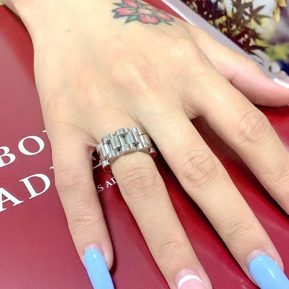 Luxury never fade 18k gold plated bold wide thick ring for women chunky link chain stainless steel strap finger rings