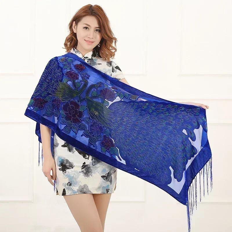 Fashion black peacock velvet scarf women shawl ponchos bandanas