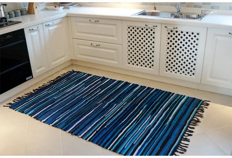 Cotton Cloth Retro Handmade Tassel Rug and Carpet for Home Living Room Tapestry Absorbent Floor Area Mat for Kitchen Boho Decor