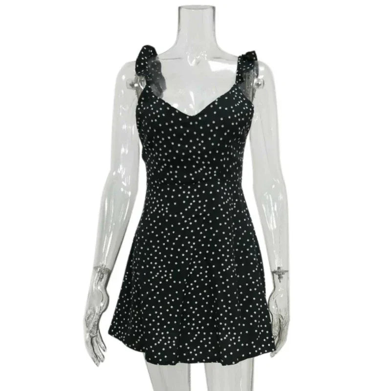 Women Dresses Summer Sexy Dress Ladies High Waist Dot Printing Mini Dresses Vestidos Back Lacing Straps Backless Dress