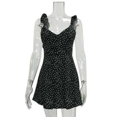 Women Dresses Summer Sexy Dress Ladies High Waist Dot Printing Mini Dresses Vestidos Back Lacing Straps Backless Dress