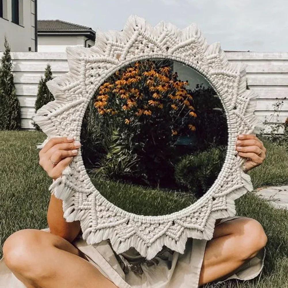 Macrame decorative wall mirror boho home decor makeup aesthetic mirrors living room bedroom christmas wedding