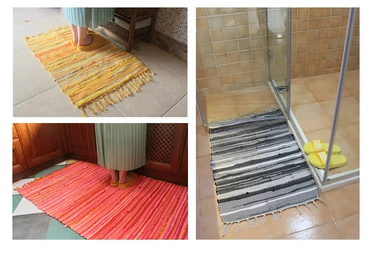 Cotton Cloth Retro Handmade Tassel Rug and Carpet for Home Living Room Tapestry Absorbent Floor Area Mat for Kitchen Boho Decor