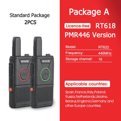 RETEVIS RT618 Mini Walkie Talkie Dual PTT Walkie-talkies 2 pcs PMR 446 Communication Equipment Portable Two-way Radio Cafe Hotel