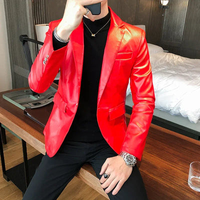 Blazer Hombre PU Leather Jackets Men Fashion Solid Slim Fit One Button Business Casual Blazers For Men Korean style Suit Jacket