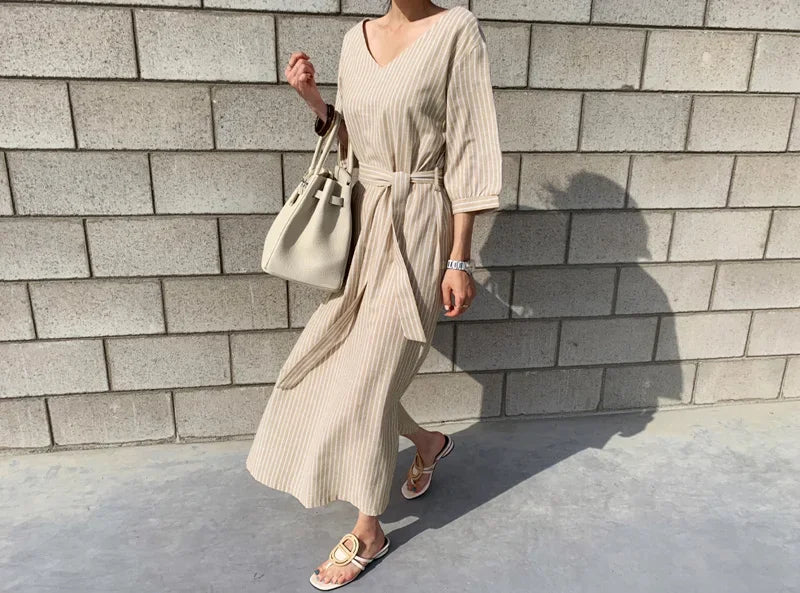 2021 Summer Striped Cotton Linen Long Dress Women Fashion Loose Vestidos Vintage V-neck Half Sleeve Dress for Women Loose