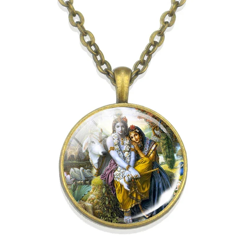 Lakshmi Goddess Pattern Bronze Retro Pendant Necklace Hinduism God Ganesh Glass Cabochon Jewelry Necklace Amulet Gift