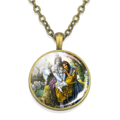 Lakshmi Goddess Pattern Bronze Retro Pendant Necklace Hinduism God Ganesh Glass Cabochon Jewelry Necklace Amulet Gift