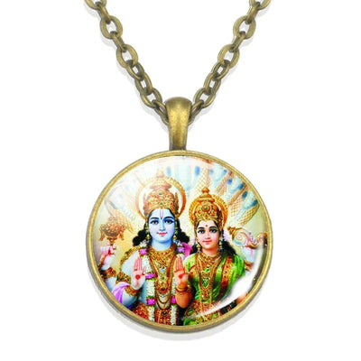 Lakshmi Goddess Pattern Bronze Retro Pendant Necklace Hinduism God Ganesh Glass Cabochon Jewelry Necklace Amulet Gift