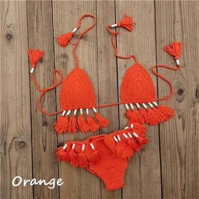 Handmade Crochet Bikini Set Laca Lita and Tassels Bead Women Swimwear Swimsuit