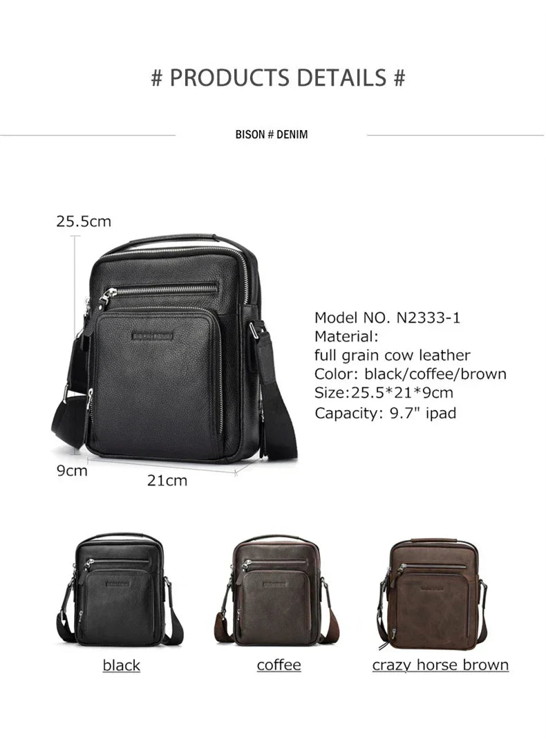 BISON DENIM Carbon Fiber Messenger Bag Men Casual Cowhide Leather Shoulder Crossbody Bag Gift Designer Handbags