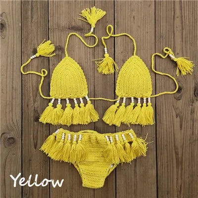 Handmade Crochet Bikini Set Laca Lita and Tassels Bead Women Swimwear Swimsuit