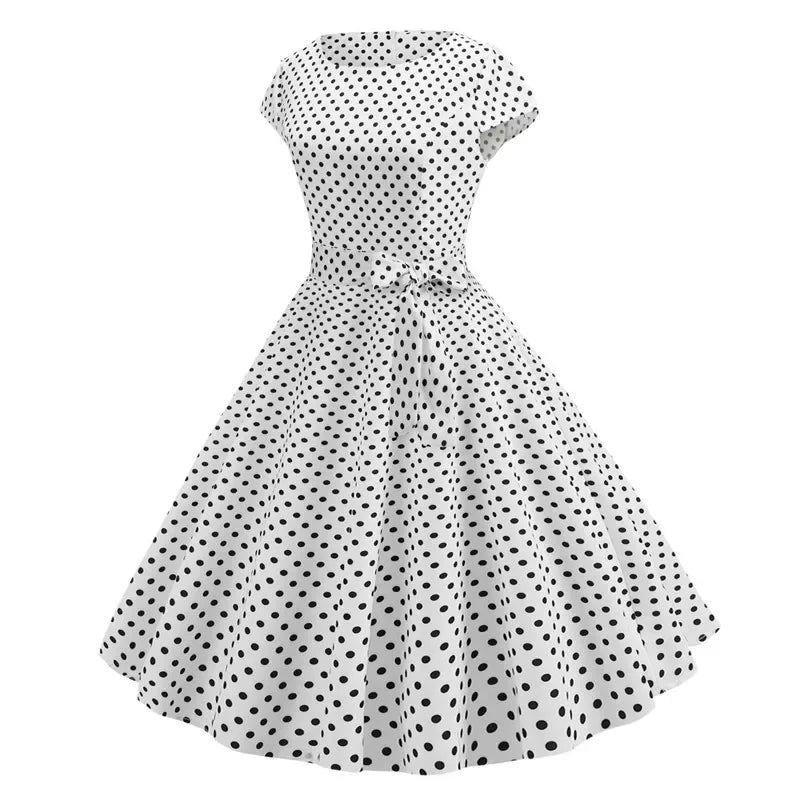 Women Summer Dresses Robe Vintage 50s 60s Big Swing Party Rockabilly Dress White Polka Dot Vestidos