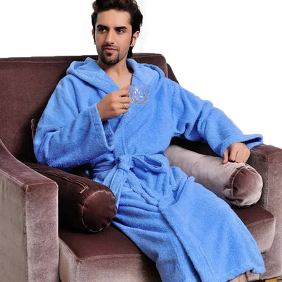 Hooded Bathrobe Men 100% Cotton Long Terry Towel Big and Tall Towel Bathrobe Male Terry Cloth Bath Robe Sleeping Dressing Gown