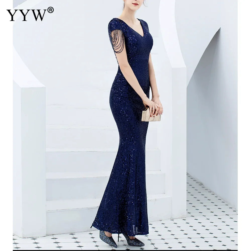 Luxury Sequined Women Evening Dress V Neck Short Sleeve Mermaid Party Gowns Metal Belt Design Sexy Robe Elegant Formal Dresses