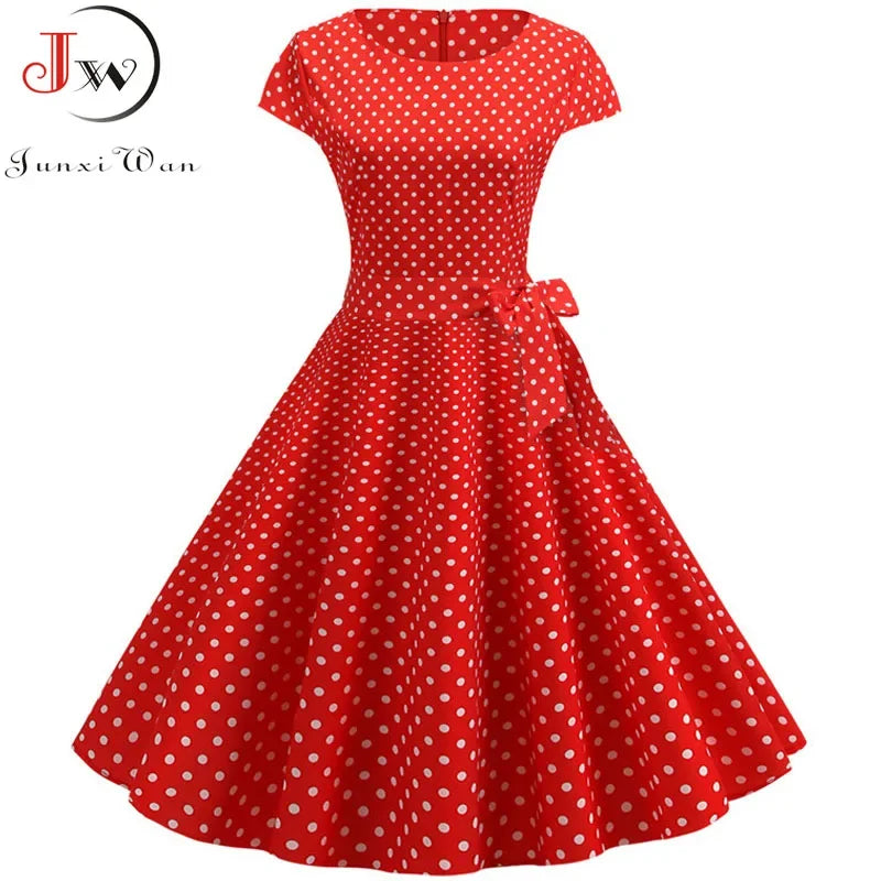 Women Summer Dresses Robe Vintage 50s 60s Big Swing Party Rockabilly Dress White Polka Dot Vestidos