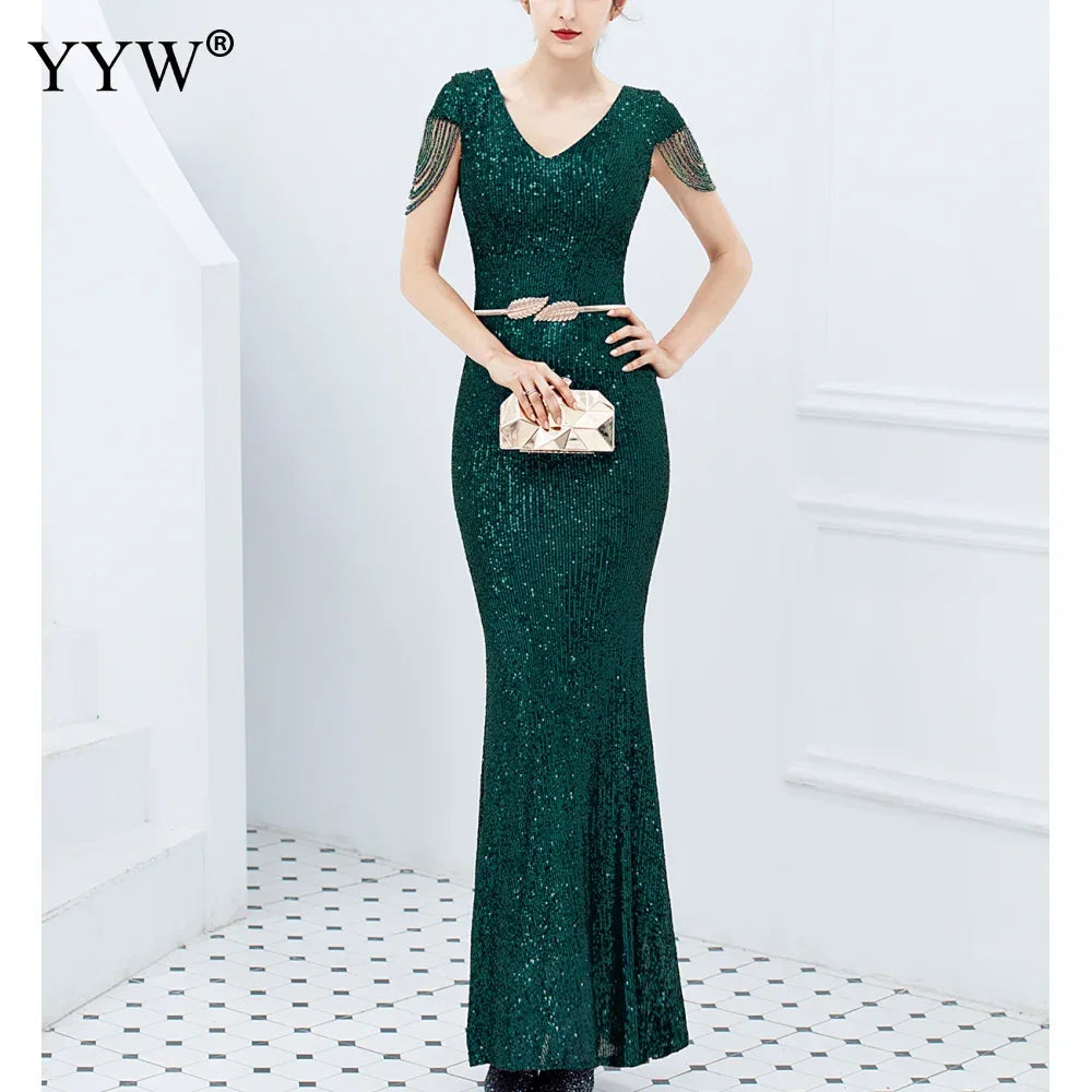 Luxury Sequined Women Evening Dress V Neck Short Sleeve Mermaid Party Gowns Metal Belt Design Sexy Robe Elegant Formal Dresses