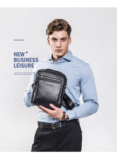 BISON DENIM Carbon Fiber Messenger Bag Men Casual Cowhide Leather Shoulder Crossbody Bag Gift Designer Handbags