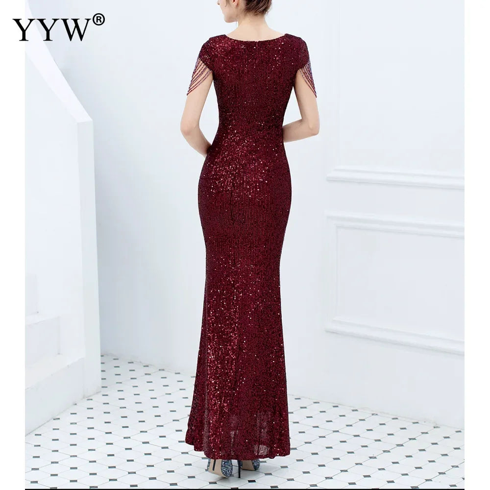 Luxury Sequined Women Evening Dress V Neck Short Sleeve Mermaid Party Gowns Metal Belt Design Sexy Robe Elegant Formal Dresses