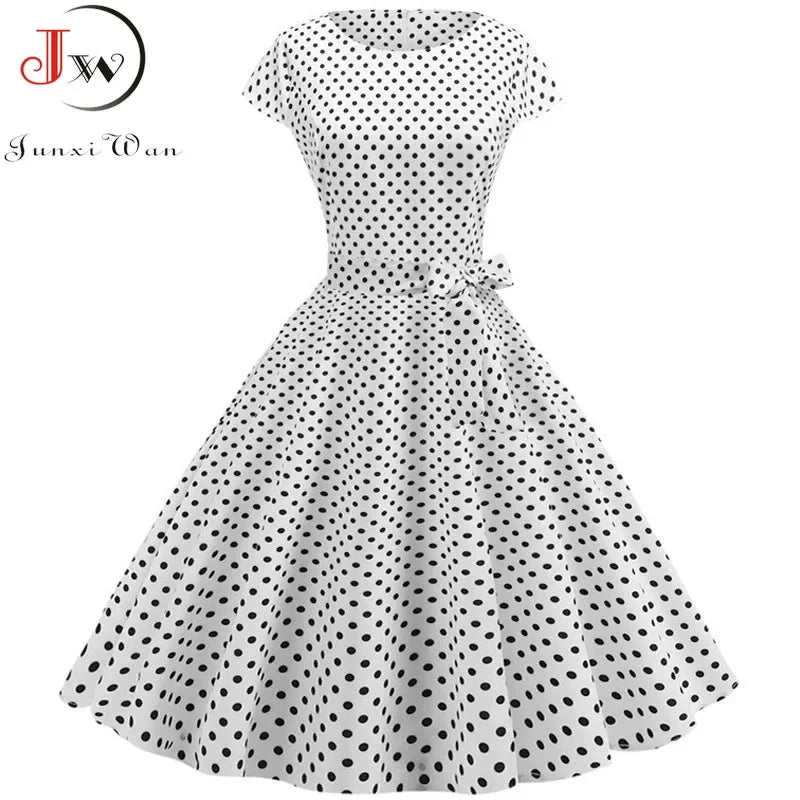 Women Summer Dresses Robe Vintage 50s 60s Big Swing Party Rockabilly Dress White Polka Dot Vestidos