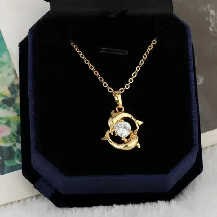 Luxury necklaces for women romantic couples jewelry crystal inlay gold color pisces dolphin pendant chain casual