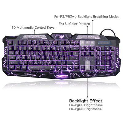Gaming Keyboard Mechanical Computer Keyboard USB Wired LED 3 Color Red/Blue/Purple Backlit Gamer Lighted Keyboard With MousePad