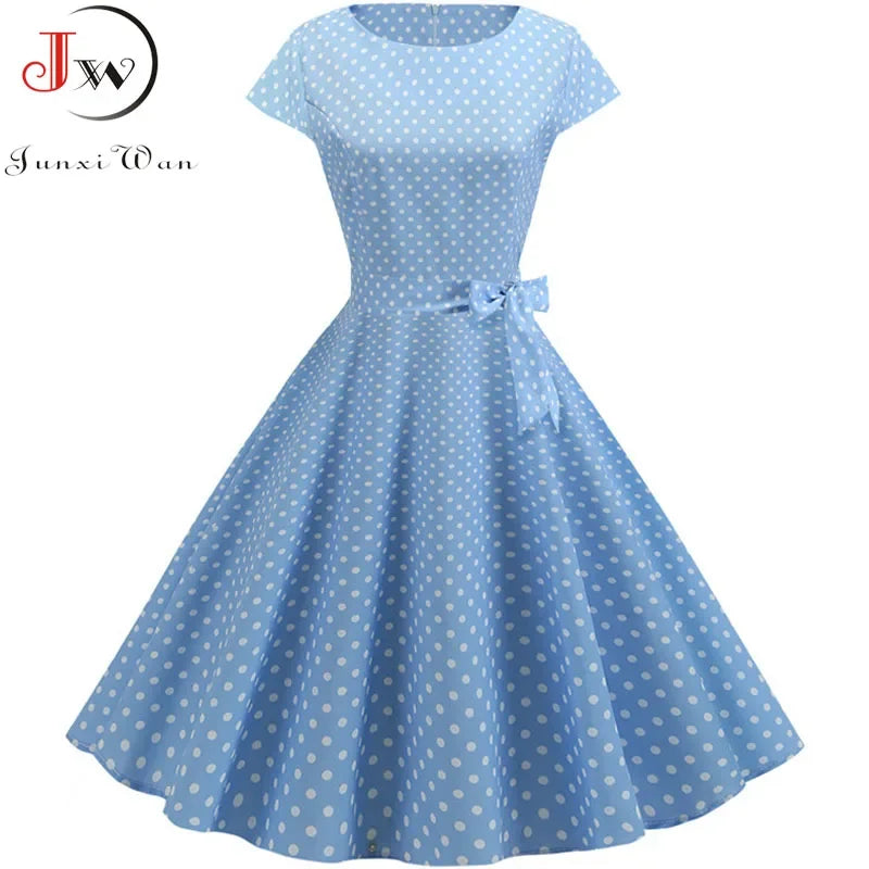 Women Summer Dresses Robe Vintage 50s 60s Big Swing Party Rockabilly Dress White Polka Dot Vestidos