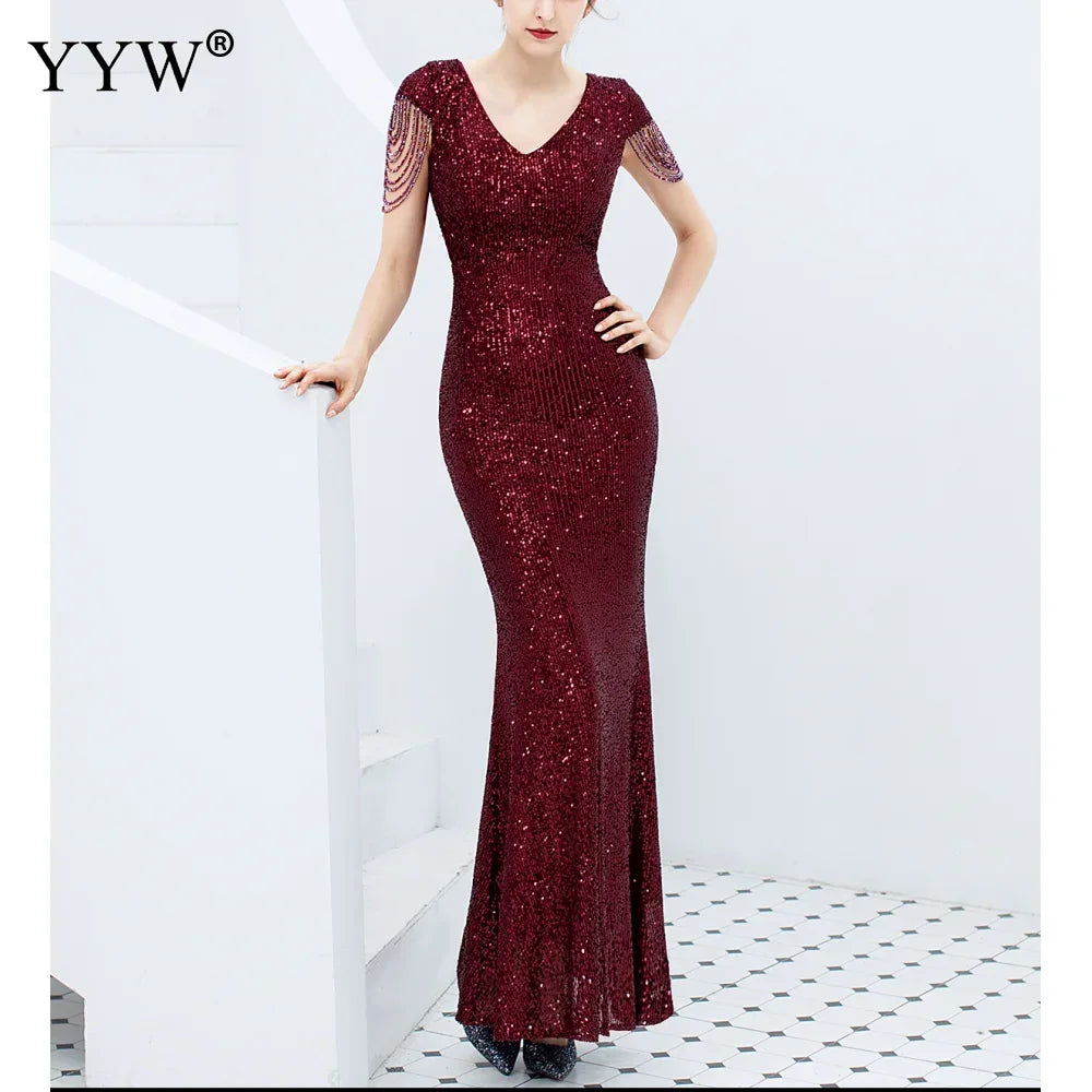 Luxury Sequined Women Evening Dress V Neck Short Sleeve Mermaid Party Gowns Metal Belt Design Sexy Robe Elegant Formal Dresses
