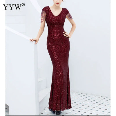 Luxury Sequined Women Evening Dress V Neck Short Sleeve Mermaid Party Gowns Metal Belt Design Sexy Robe Elegant Formal Dresses