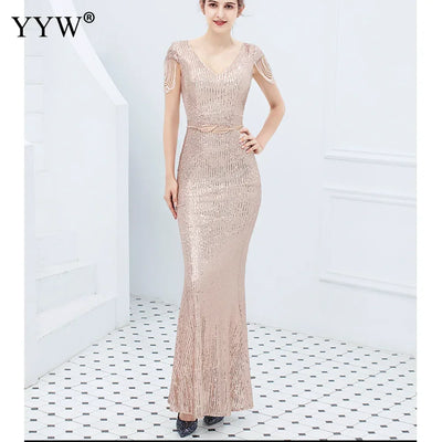 Luxury Sequined Women Evening Dress V Neck Short Sleeve Mermaid Party Gowns Metal Belt Design Sexy Robe Elegant Formal Dresses