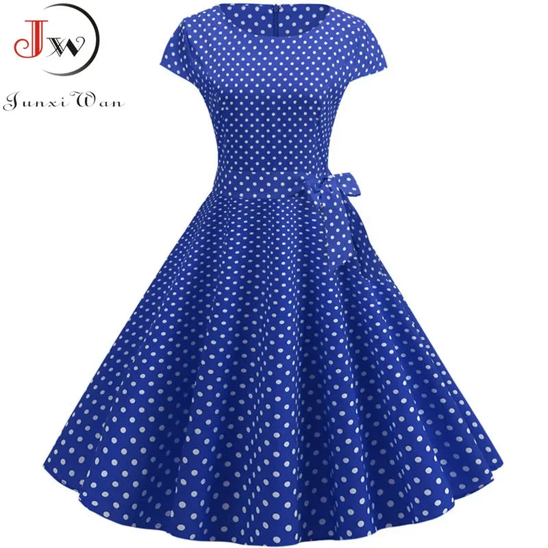 Women Summer Dresses Robe Vintage 50s 60s Big Swing Party Rockabilly Dress White Polka Dot Vestidos
