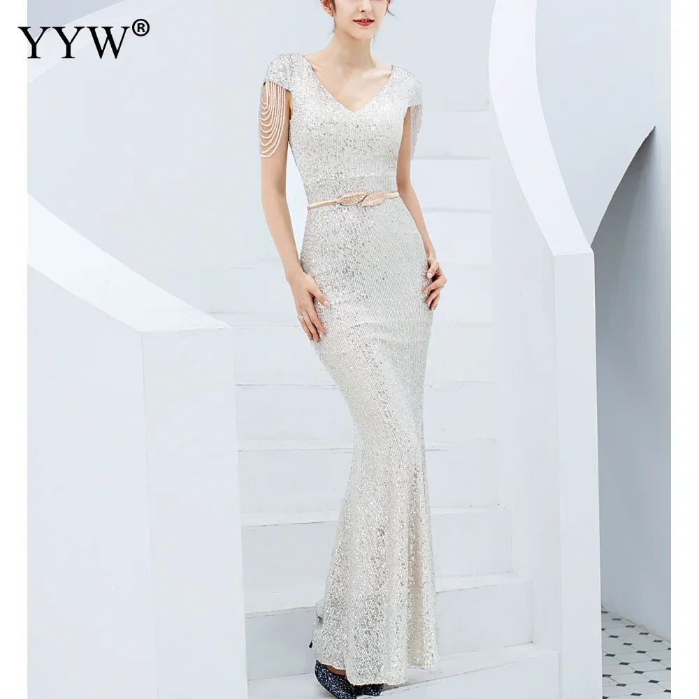 Luxury Sequined Women Evening Dress V Neck Short Sleeve Mermaid Party Gowns Metal Belt Design Sexy Robe Elegant Formal Dresses