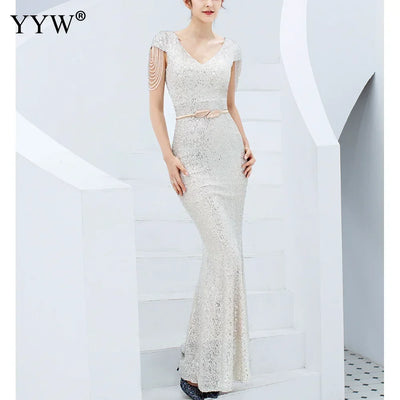 Luxury Sequined Women Evening Dress V Neck Short Sleeve Mermaid Party Gowns Metal Belt Design Sexy Robe Elegant Formal Dresses