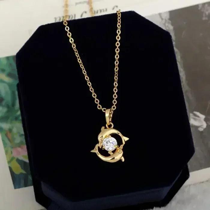 Luxury necklaces for women romantic couples jewelry crystal inlay gold color pisces dolphin pendant chain casual