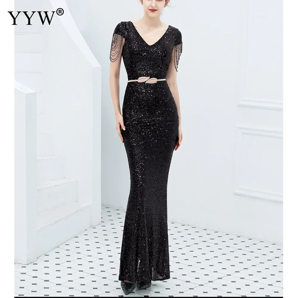 Luxury Sequined Women Evening Dress V Neck Short Sleeve Mermaid Party Gowns Metal Belt Design Sexy Robe Elegant Formal Dresses