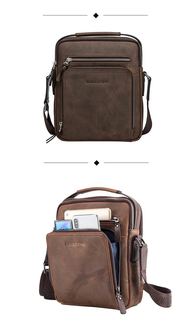 BISON DENIM Carbon Fiber Messenger Bag Men Casual Cowhide Leather Shoulder Crossbody Bag Gift Designer Handbags