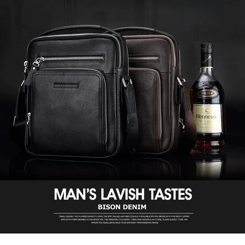 BISON DENIM Carbon Fiber Messenger Bag Men Casual Cowhide Leather Shoulder Crossbody Bag Gift Designer Handbags