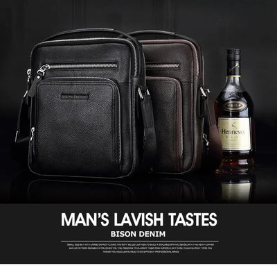 BISON DENIM Carbon Fiber Messenger Bag Men Casual Cowhide Leather Shoulder Crossbody Bag Gift Designer Handbags