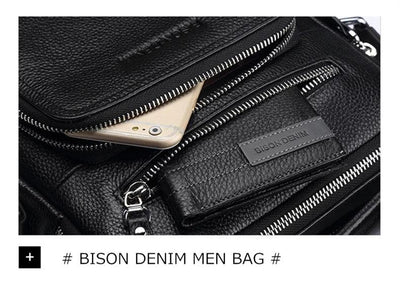 BISON DENIM Carbon Fiber Messenger Bag Men Casual Cowhide Leather Shoulder Crossbody Bag Gift Designer Handbags