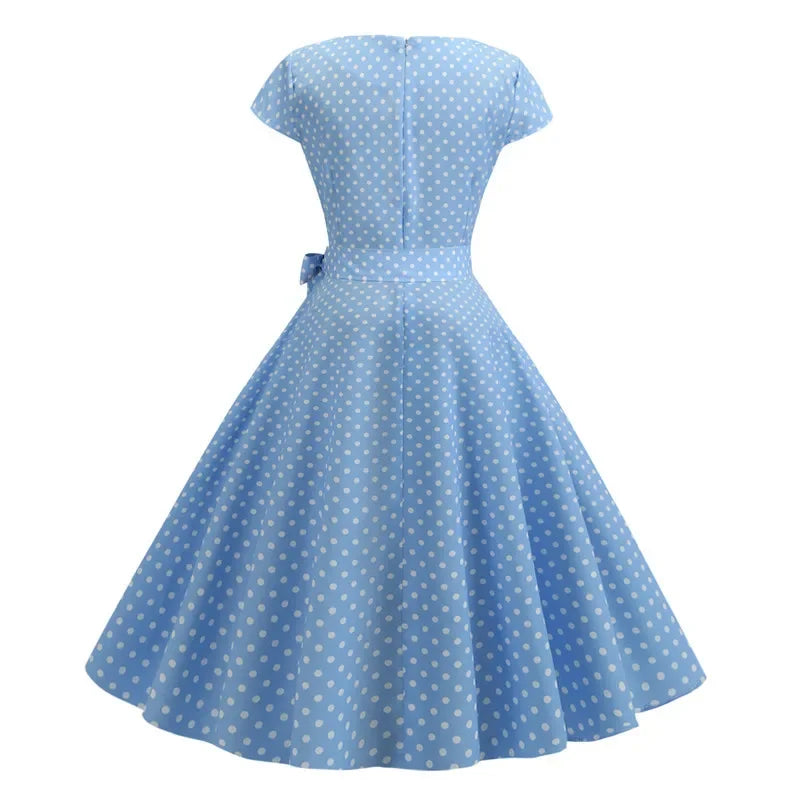 Women Summer Dresses Robe Vintage 50s 60s Big Swing Party Rockabilly Dress White Polka Dot Vestidos